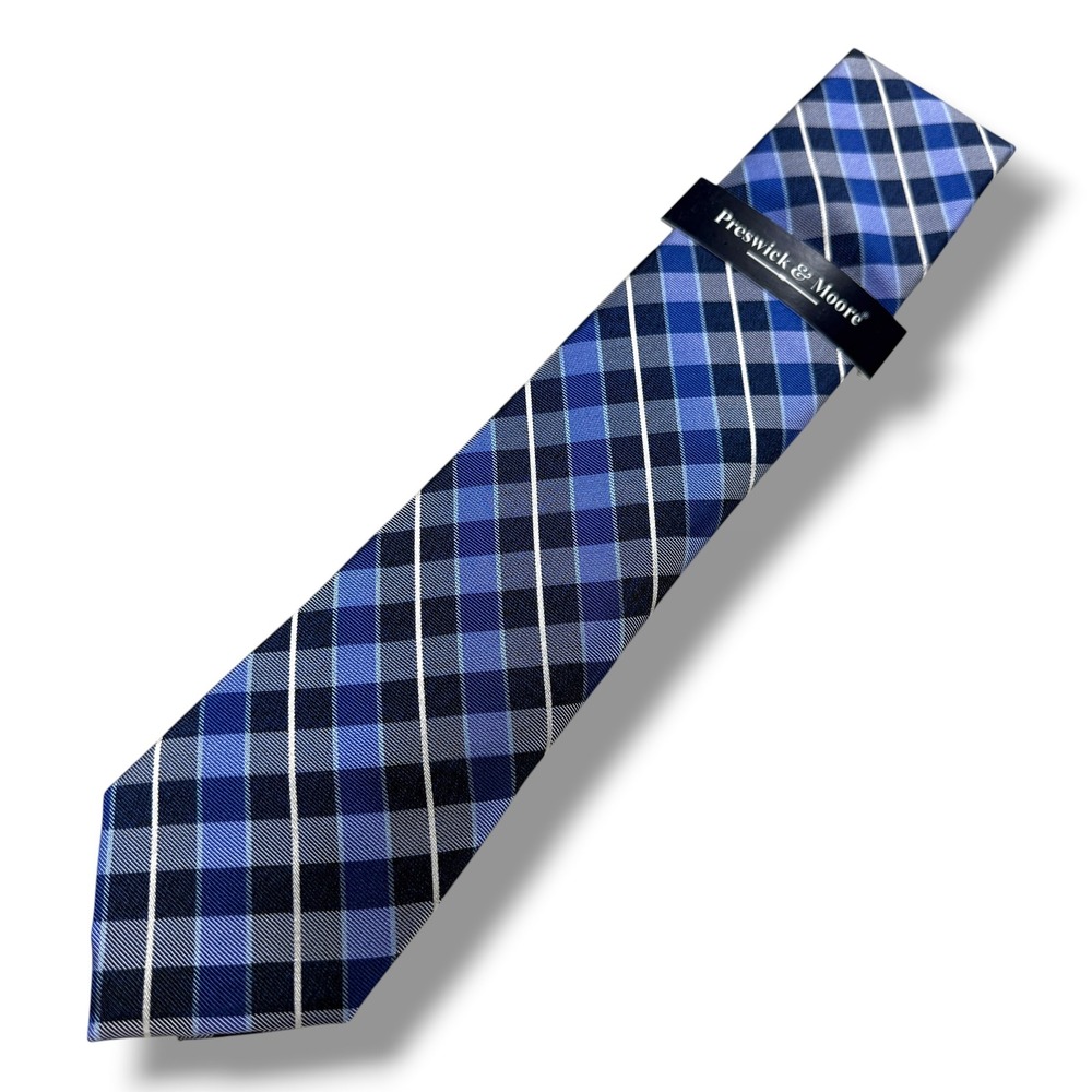 NWT Preswick & Moore Mens Tie Navy Blue Plaid 100% Silk Handmade Necktie